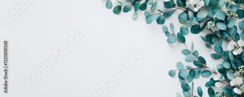 Floral illustration abstract background idea. Fresh green eucalyptus leaves arranged elegantly on a white background.