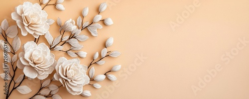 Floral illustration abstract background idea. Elegant white flowers and buds on a soft peach background for a delicate touch.