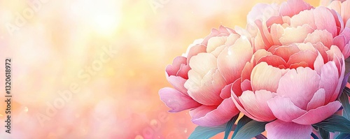 Floral illustration abstract background idea. Beautiful blooming peony flowers in soft pastel hues illuminating a serene background.