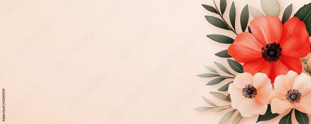 Obraz premium Floral illustration abstract background idea. Beautiful floral arrangement featuring vibrant red and soft pink flowers with leaves.