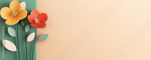 Floral illustration abstract background idea. Colorful paper flowers against a beige background, perfect for spring-themed designs.