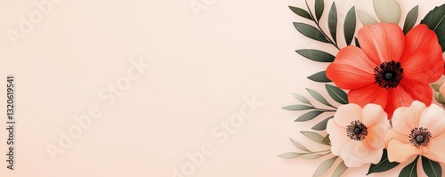 Floral illustration abstract background idea. Beautiful floral arrangement featuring vibrant red and soft pink flowers with leaves.