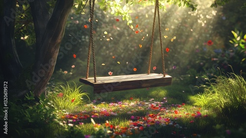 Wooden swing in a secluded garden, enveloped by colorful petals, tall grasses, and gentle sunlight streaming through leafy branches. photo