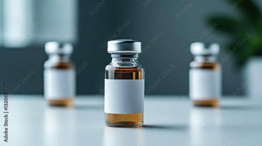 Clear glass vials containing liquid with labels on a light surface in soft-focused background Clear glass vials containing liquid with labels on a light surface in soft-focused background