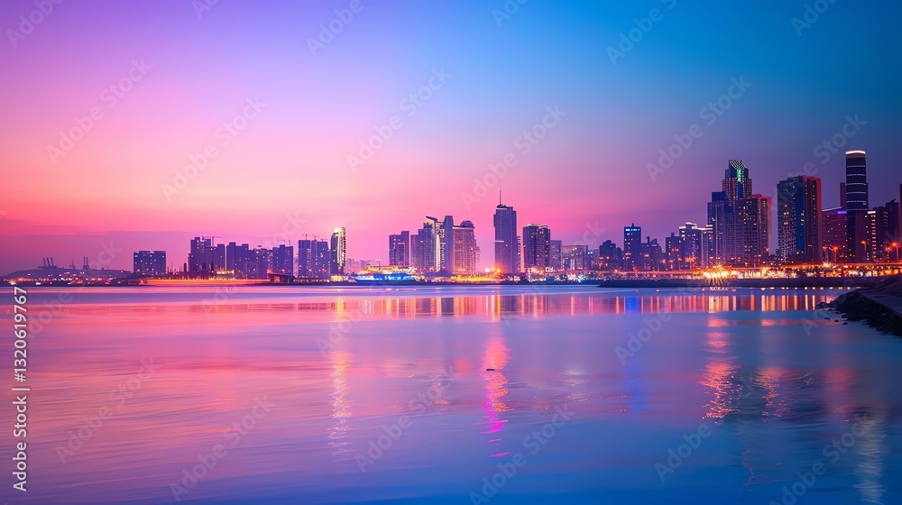 Fototapeta premium Skyline Reflection on Water at Dusk with Colorful Pink and Blue Sky