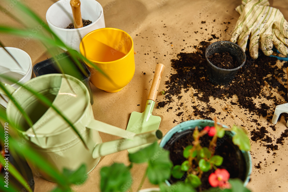 Potted plant in decorative pot with gardening tools and scattered soil on floor during repotting. Concept of home gardening and plant care