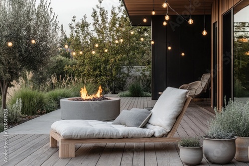 scandinavian-inspired outdoor patio with natural wood deck linen-upholstered lounge chair and simple stone fire pit
