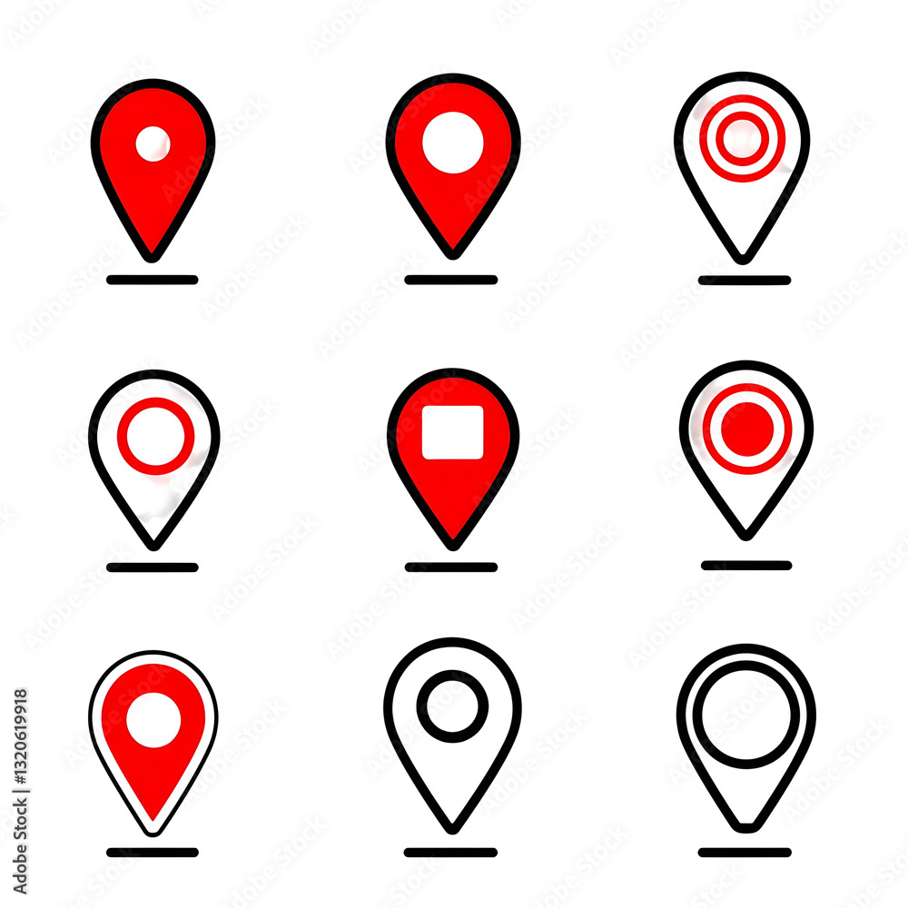 A set of modern minimalist red linear style location pins featuring various circular base designs and clean precise geometric icon graphics isolated on a transparent background A set of modern minimalist red linear style location pins featuring various circular base designs and clean precise geometric icon graphics isolated on a transparent background