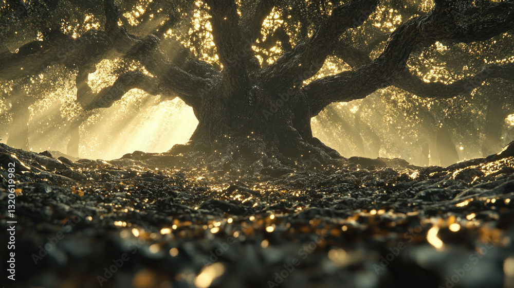 Fototapeta premium Beautiful nature image of sunlight streaming through thick, twisted and lush old trees