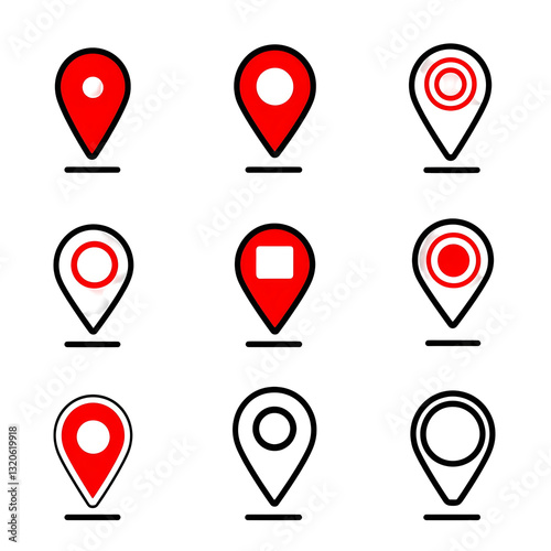 A set of modern minimalist red linear style location pins featuring various circular base designs and clean precise geometric icon graphics isolated on a transparent background Free Download A set of modern minimalist red linear style location pins featuring various circular base designs and clean precise geometric icon graphics isolated on a transparent background - GFXLoad
