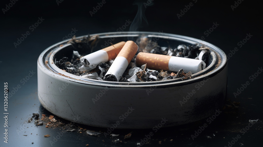 Closeup of cigarette on ashtray with a beautiful wisp of smoke Closeup of cigarette on ashtray with a beautiful wisp of smoke