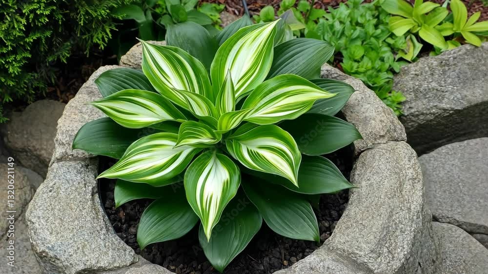 Vibrant green hosta plant with striking white stripes flourishing in a stone planter surrounded by lush garden foliage