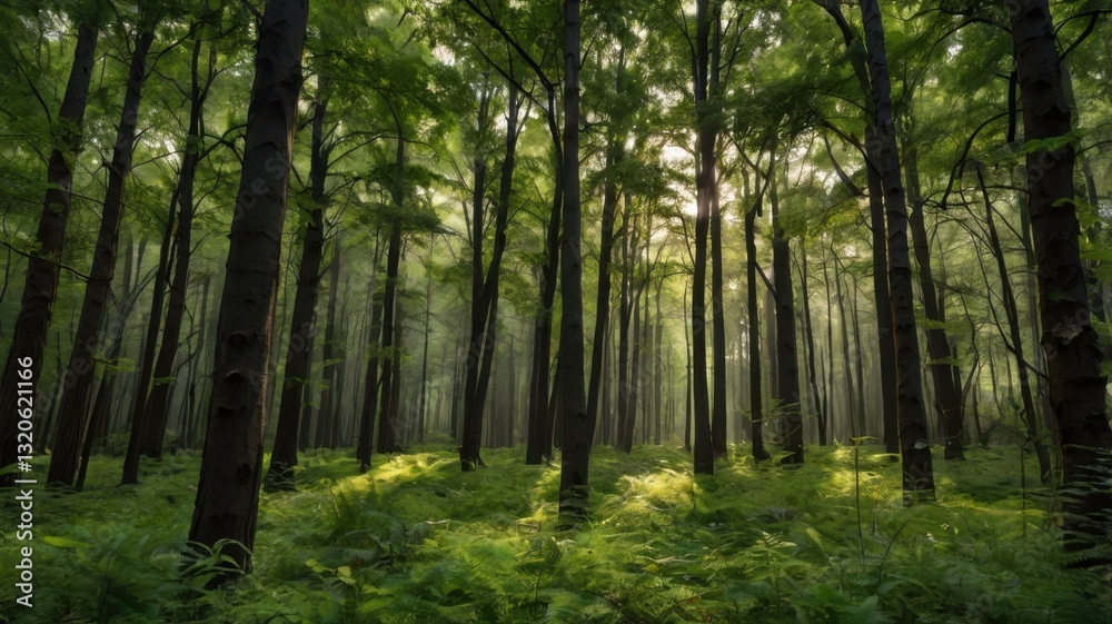 Naklejka premium A lush and serene forest background featuring tall trees, dense greenery, and a peaceful natural atmosphere, perfect for nature-themed designs.