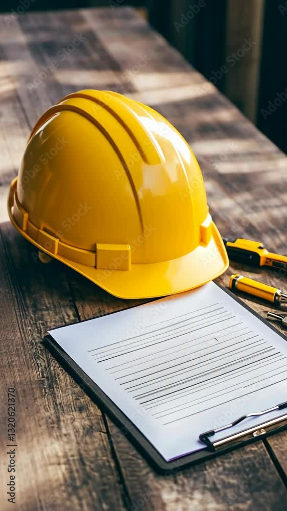 Safety equipment and project documentation displayed on a wooden surface at a construction site during daylight hours