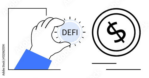 Hand holding decentralized finance DeFi coin near dollar sign. Ideal for blockchain, finance, cryptocurrency, investment, economy, innovation, fintech. Clean flat simple metaphor