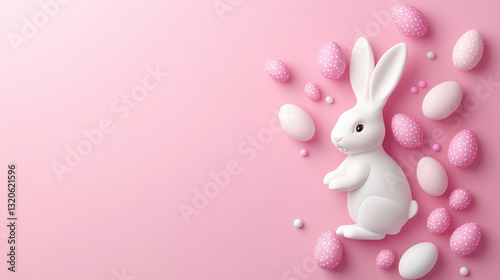 soft and clean Easter illustration featuring white bunny surrounded by pink and white eggs on pastel pink background, Copy Space, Easter Blank Background Space For Text. Easter Background Illustration