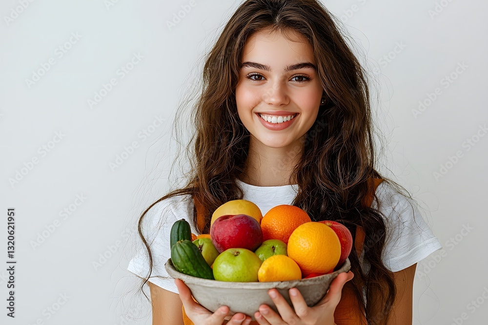Cheerful dietitian with fresh fruits in a bowl promoting healthy eating. Generative AI Cheerful dietitian with fresh fruits in a bowl promoting healthy eating. Generative AI
