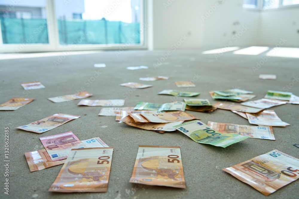 Euro banknotes scattered on concrete floor in new unfinished apartment, symbolizing financial planning. Concept of investment, budgeting and real estate expenses