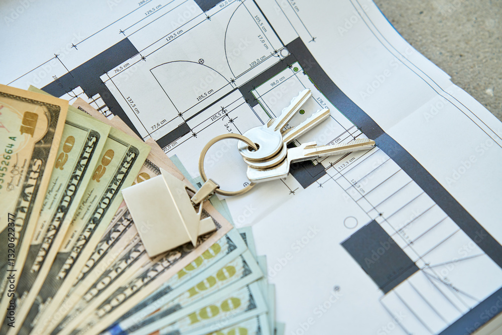 House keys and dollar banknotes on architectural blueprint. Concept of real estate investment, home purchase and property financing