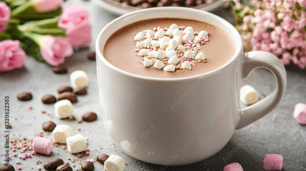 Steaming cup of hot chocolate topped with marshmallows in a cozy environment with soft pastel colors Steaming cup of hot chocolate topped with marshmallows in a cozy environment with soft pastel colors