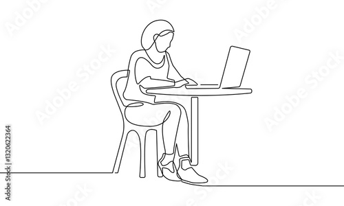 Woman Working with Laptop Continuous One Line Drawing. Female Worker Simple Linear Style. Working Process in Editable Stroke. Doodle Contour Vector Illustration