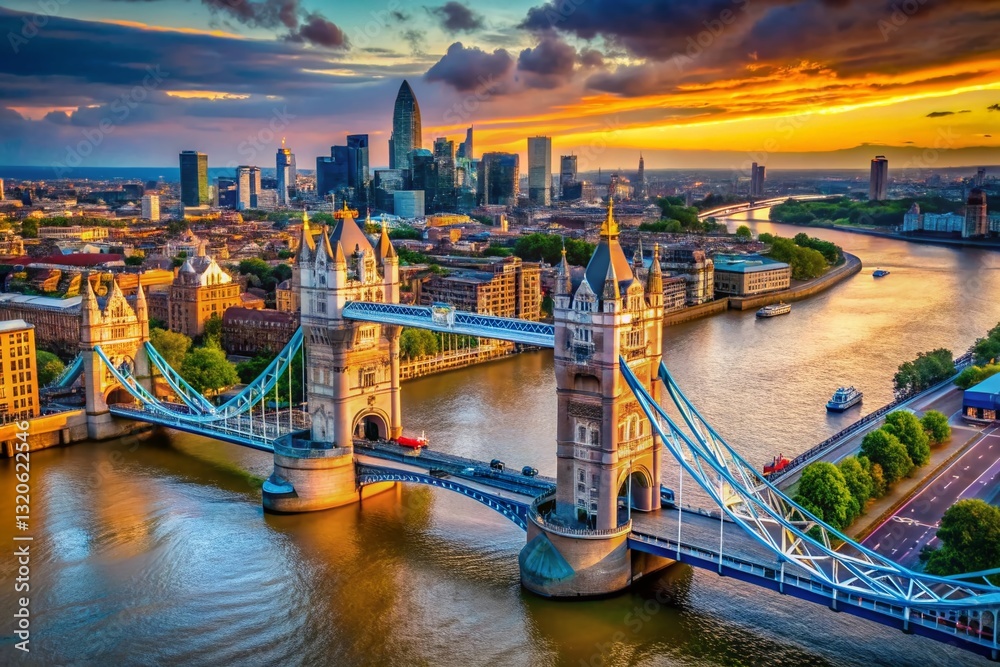 Fototapeta premium Aerial View: London Tower Bridge, Thames River & City Skyline - Macro Photography
