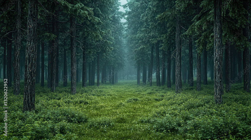 Fototapeta premium It is a natural landscape of a forest with sunlight pouring down, green weeds growing on the ground, and many tall, green trees.