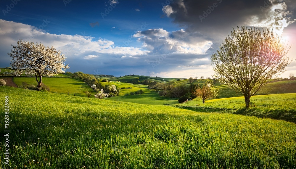 Obraz premium Spring Landscape with Blooming Trees, Green Fields, and a Dramatic Sky