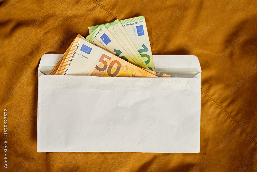 Euro banknotes inside white envelope, top view. Close up of cash money on brown background. Concept of corruption, bribery, and hidden cash payments