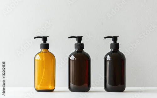 Three amber glass soap dispenser bottles with black pumps arranged on a white surface against a textured gray background. 