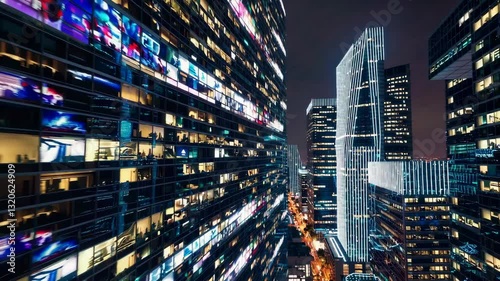 Urban nighttime panorama: vibrant city lights reflected on towering skyscrapers