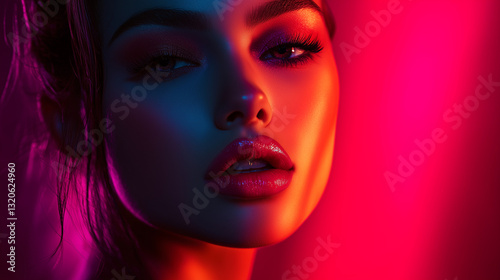 A model with bright pink lips, half-shadowed face, exuding elegance and mystery in dramatic lighting.