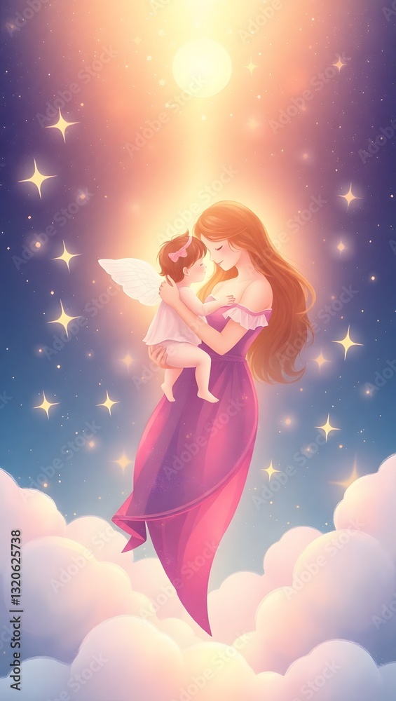 Dreamlike illustration of a mother holding a baby against a celestial night sky. Motherhood serenity concept. Dreamlike illustration of a mother holding a baby against a celestial night sky. Motherhood serenity concept.