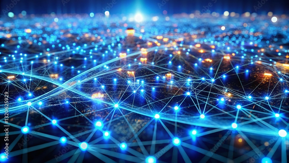 Obraz premium Aerial View of Abstract Blue Cable Network, Futuristic Digital Pathways with Bokeh