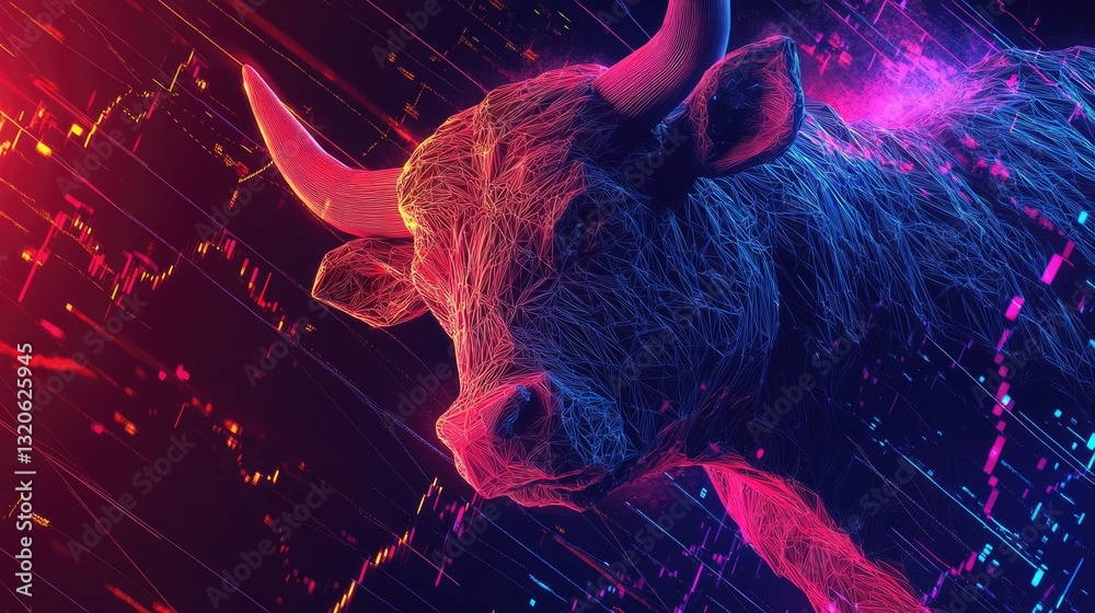 A bold and colorful wallpaper design showcases a bull and bear, representing stock market dynamics, set against a low-poly trading chart background