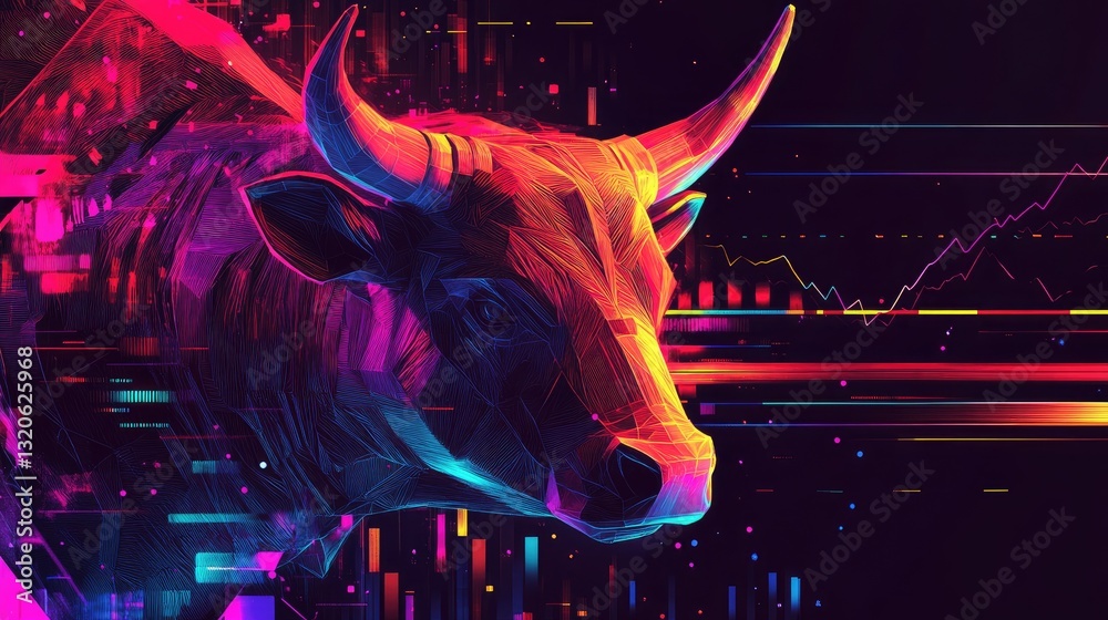 A striking wallpaper design combines a bull and bear symbolizing the stock market with a low-poly trading chart background in neon hues