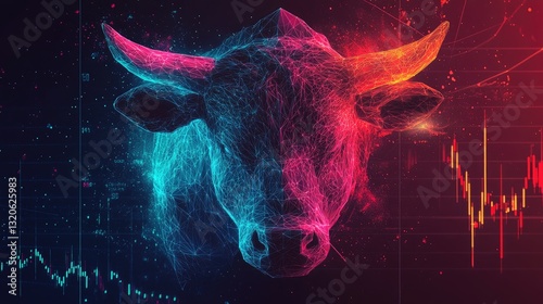 This design showcases a bull and bear symbolizing stock market dynamics against a low-poly trading chart background in bright neon hues
