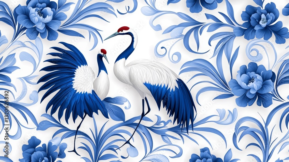 Fototapeta premium Tropical Toile de Jouy inspired pattern with elegant cranes, flowing river motifs, and intricate palm details in classic blue and white