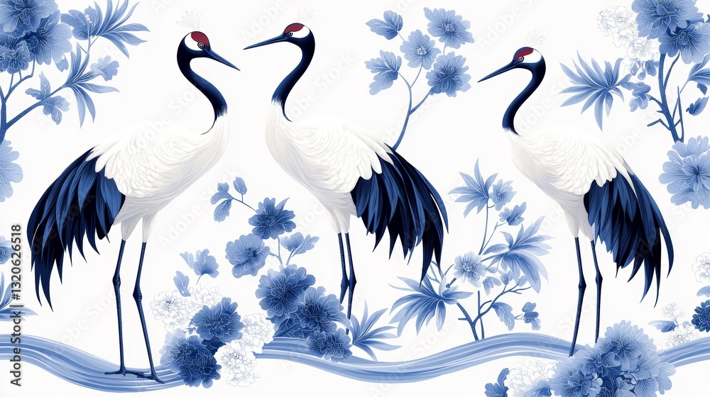 Fototapeta premium Tropical Toile de Jouy inspired pattern with elegant cranes, flowing river motifs, and intricate palm details in classic blue and white