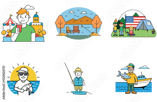 Option 1. Calm Water Bundle. Wooden Canoe Fishing Collection Icons