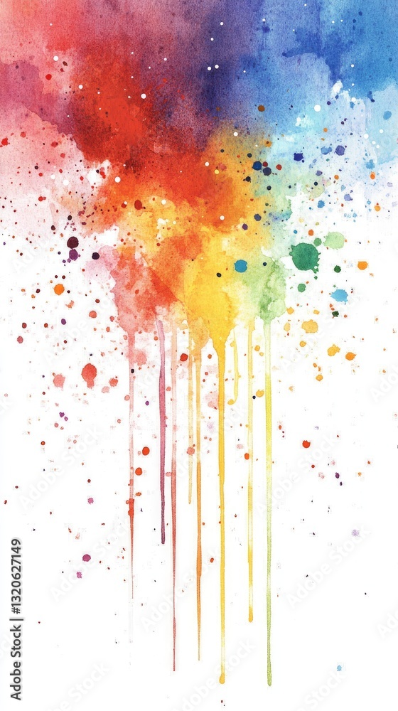 Vibrant colors blend and drip in artistic patterns against a pristine white background, showcasing creativity and fluidity in watercolor technique
