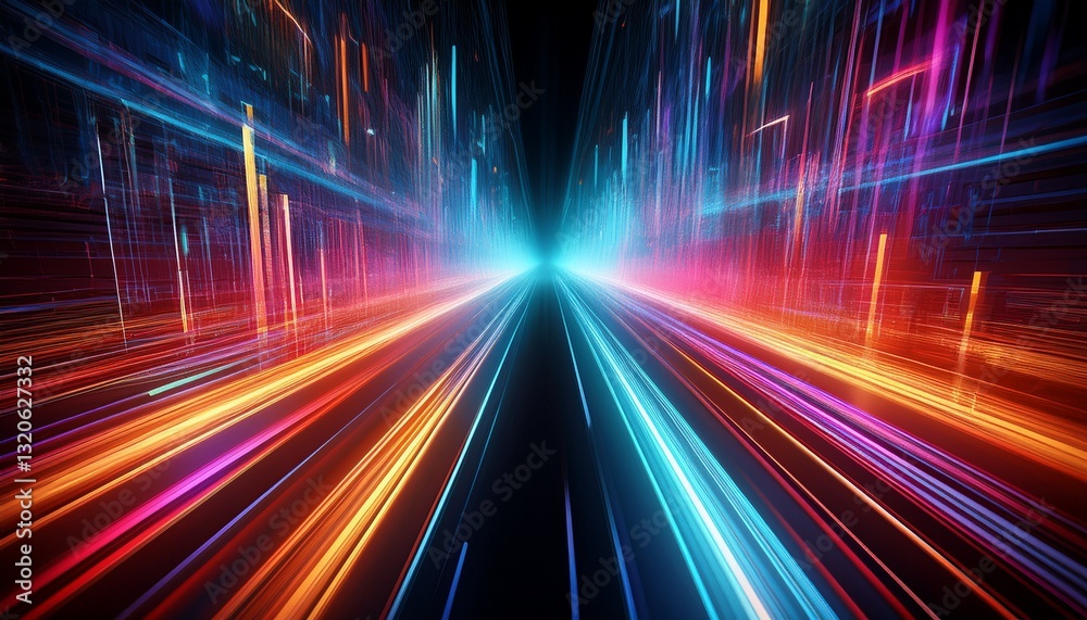 Obraz premium a dynamic image featuring a high speed motion blur of vibrant glowing neon data streams