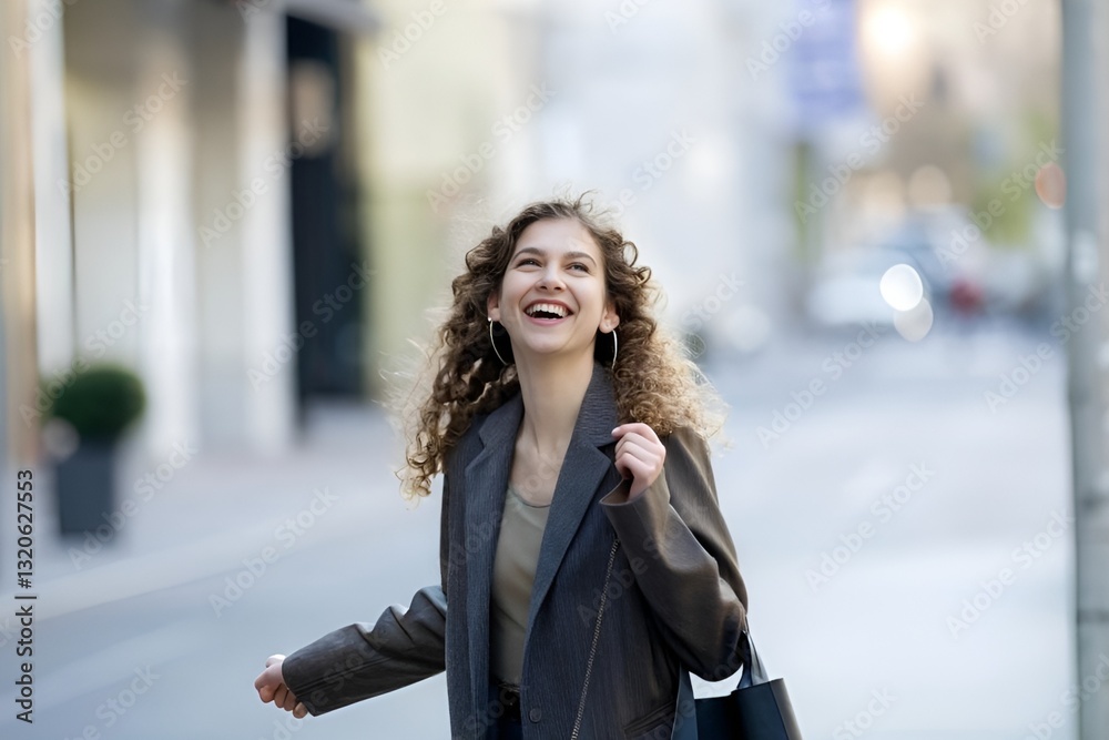 Joyful Young Woman Walking in Bustling City Street | Urban Happiness & Fashion Joyful Young Woman Walking in Bustling City Street | Urban Happiness & Fashion