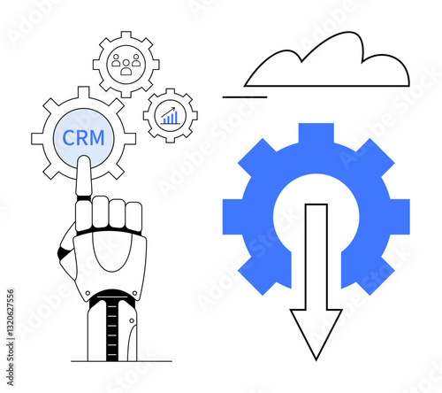 Robotic hand interacts with CRM gear, data graph, team icon, cloud, and arrow symbolizing automation. Ideal for CRM systems, AI, robotics, cloud computing automation technology futuristic design