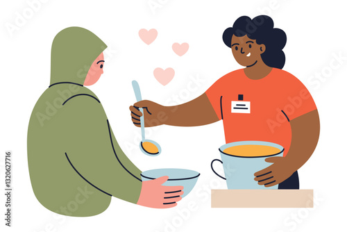 Vector illustration of volunteer serving soup to homeless person. Charity and donation concepts, humanitarian aid, social support, community help, food assistance. Flat cartoon characters, generosity