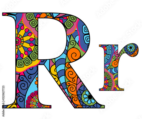Vector image letter of the English alphabet with colorful vintage hand drawn pattern isolated on transparent background
