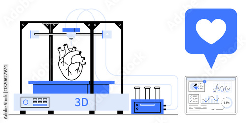 3D printer crafting a human heart model, accompanied by a heart icon and digital health dashboard analyzing data. Ideal for innovation, healthcare, technology, research, medical science, education