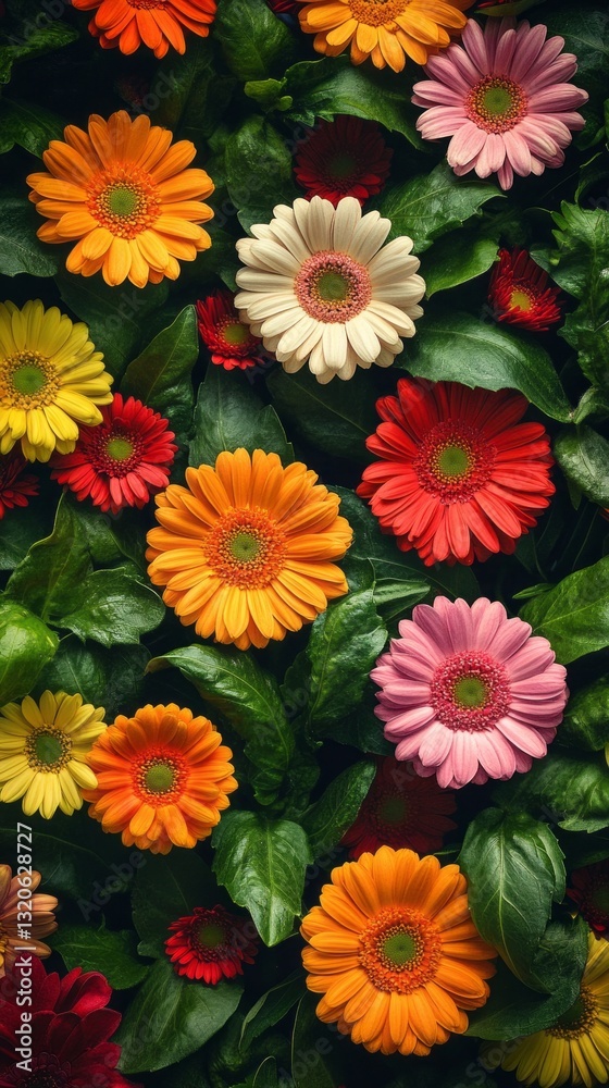 A lush garden bursts with blooming gerberas in bright, bold colors, creating a striking pattern among the rich green foliage, showcasing nature's beauty in full swing A lush garden bursts with blooming gerberas in bright, bold colors, creating a striking pattern among the rich green foliage, showcasing nature's beauty in full swing