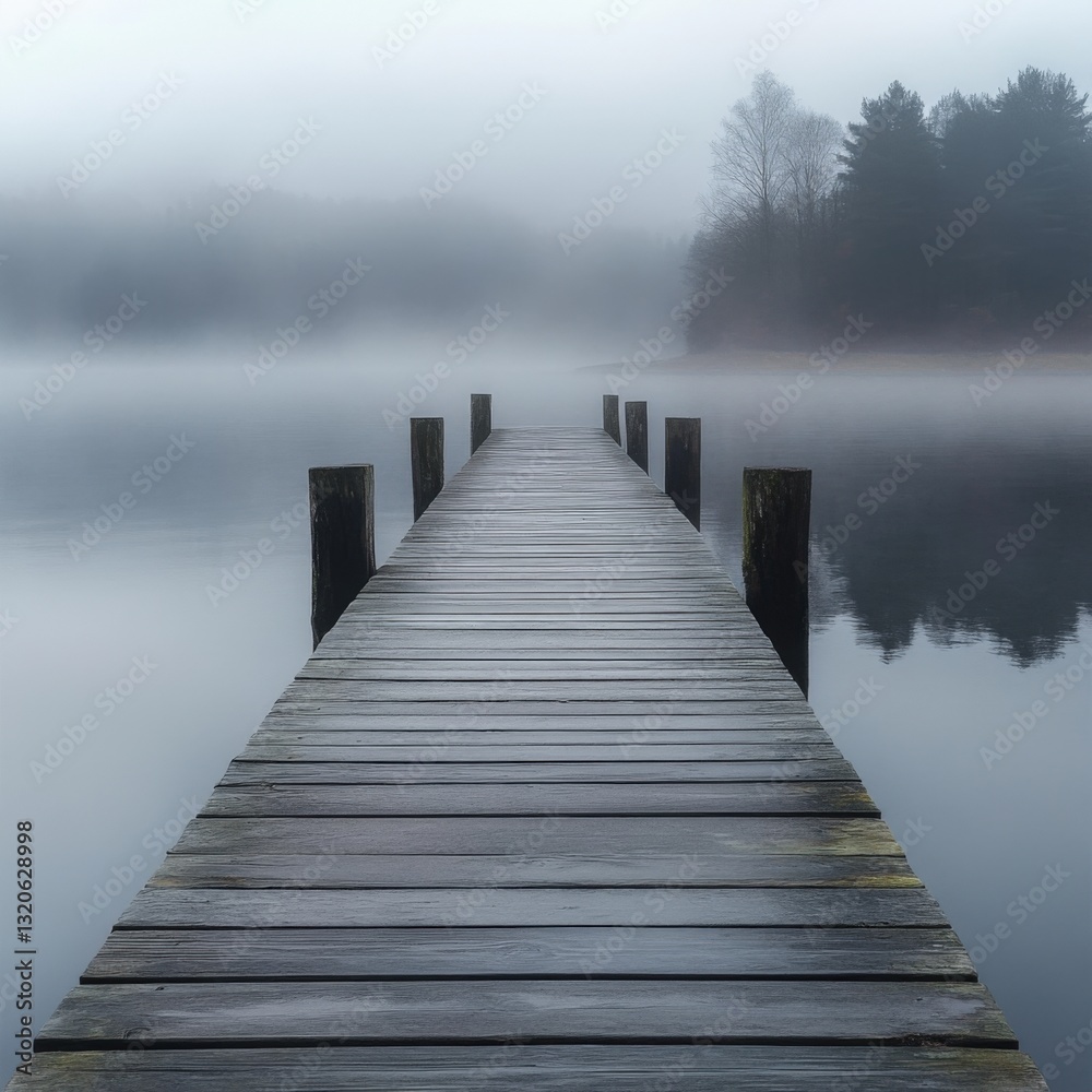 Fototapeta premium Misty lake dock. Tranquil morning