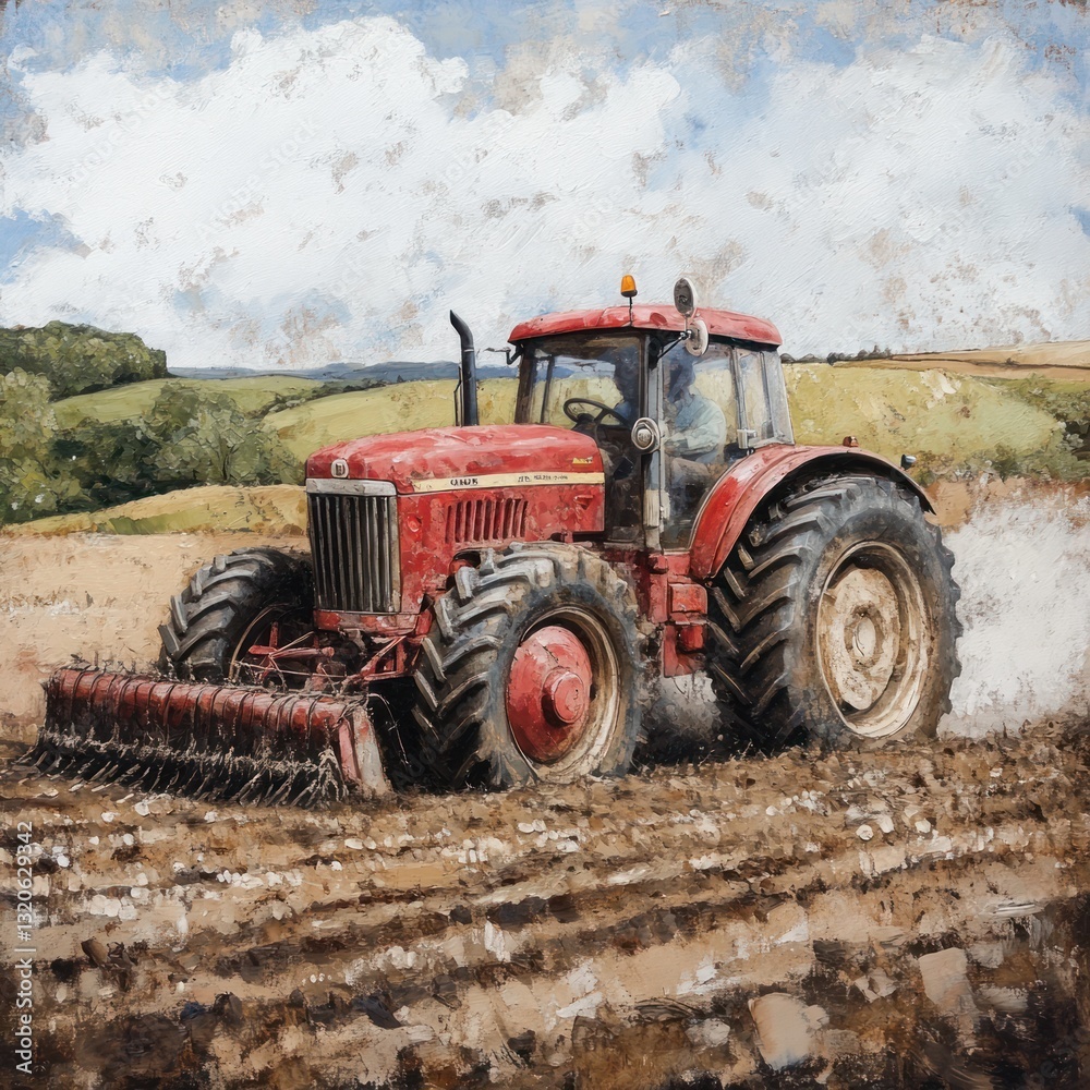 Red tractor plowing farmland Red tractor plowing farmland